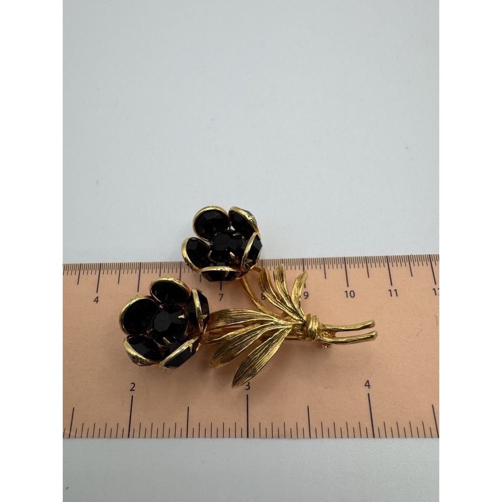 Vintage Black Crystal Gold Tone Flower Bouquet Brooch - Picture 3 of 11